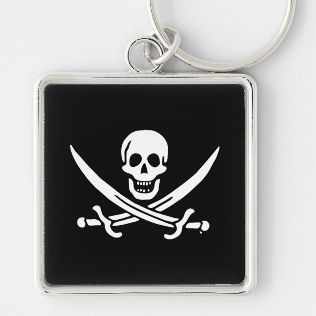 Jolly roger pirat flagga fyrkantig silverfärgad nyckelring (Framsidan)