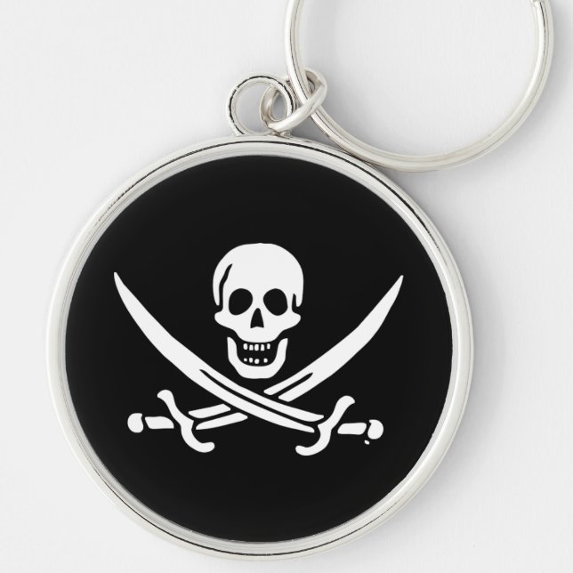 Jolly roger pirat flagga rund silverfärgad nyckelring (Framsidan)