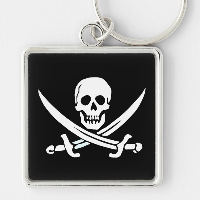 Jolly Roger Pirat Keychain Fyrkantig Silverfärgad Nyckelring (Framsidan)