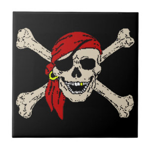Jolly Roger Pirat Skull Bones Red Bandanna Kakelplatta