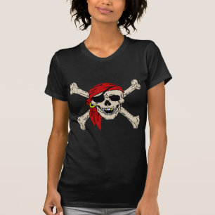 Jolly Roger Pirat Skull Bones Red Bandanna Tee Shirt