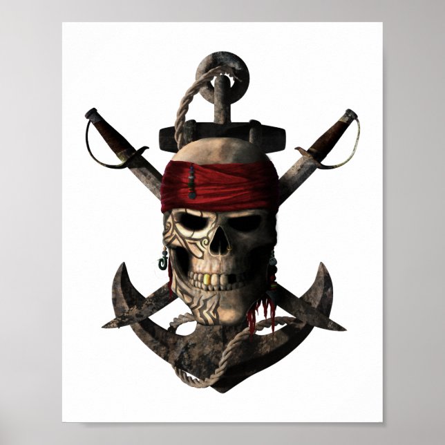 Jolly Roger Pirat Skull och Swords Sailing Anchor Poster (Framsidan)