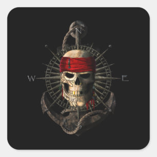 Jolly Roger Pirat Skull Sailing Compass Anchor Fyrkantigt Klistermärke
