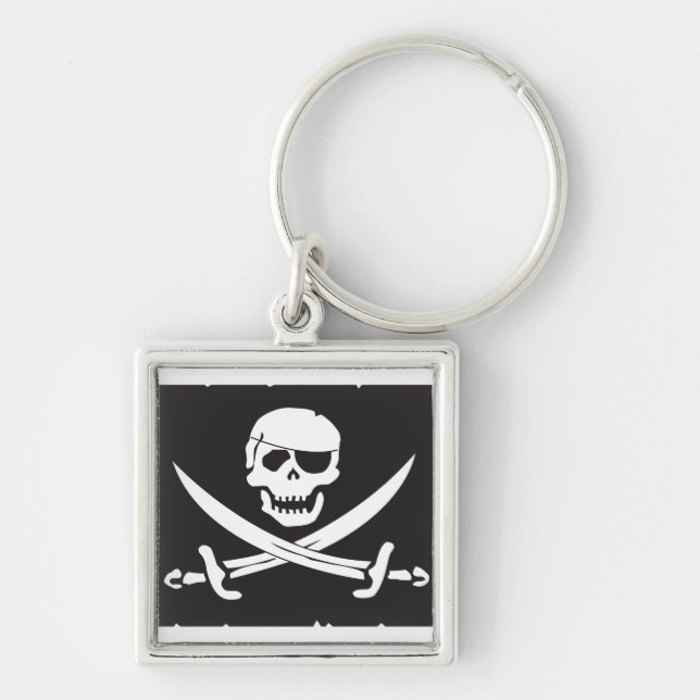 Jolly Roger skalle- & svärdkeychain Fyrkantig Silverfärgad Nyckelring (Framsidan)