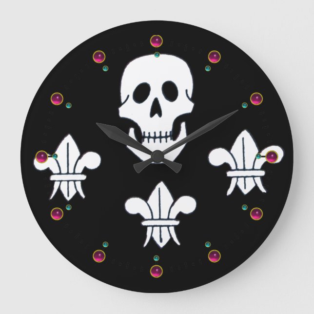 JOLLY ROGER SKULL OCH TRE LILIES FLAGGA ,Ametyst Stor Klocka (Framsida)