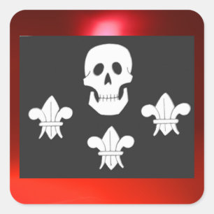JOLLY ROGER SKULL OCH TRE LILIES FLAGGA FYRKANTIGT KLISTERMÄRKE