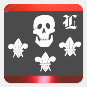 JOLLY ROGER SKULL OCH TRE LILILIES FLAGGA MONOGRAM FYRKANTIGT KLISTERMÄRKE