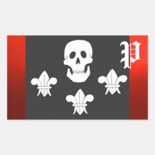 JOLLY ROGER SKULL OCH TRE LILILIES FLAGGA MONOGRAM REKTANGULÄRT KLISTERMÄRKE
