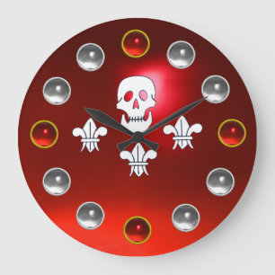 JOLLY ROGER SKULL TRE LILIES FLAGGA Red White Gems Stor Klocka