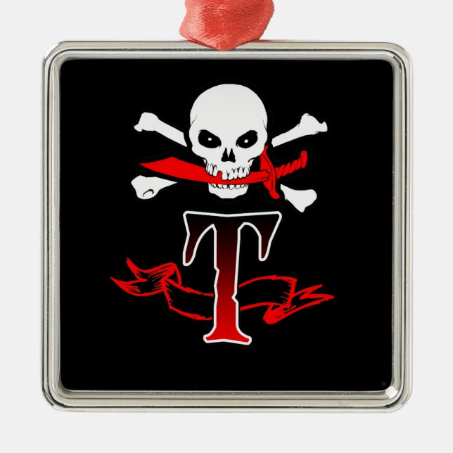 Jolly Roger T Monogram Initial Julgransprydnad Metall (Framsidan)