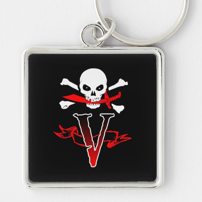 Jolly Roger V Monogram Initial Fyrkantig Silverfärgad Nyckelring (Framsidan)