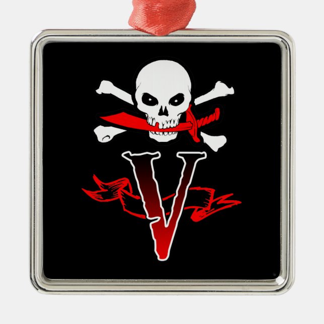 Jolly Roger V Monogram Initial Julgransprydnad Metall (Framsidan)