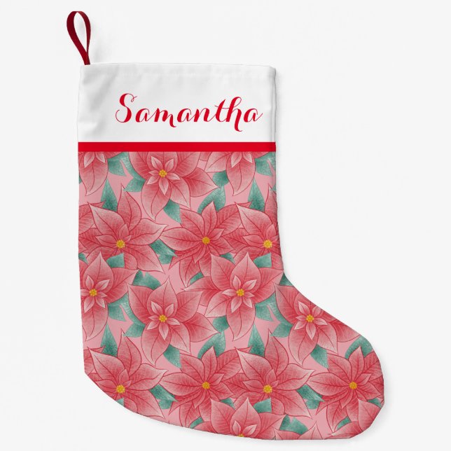 Jolly Rosa och Red Poinsettia Personlig Namn Liten Julstrumpa (Framsidan)