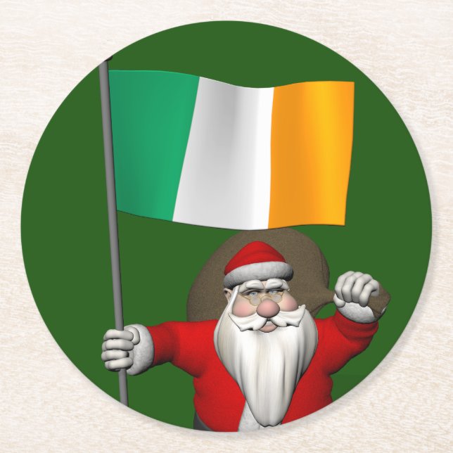 Jolly Saint Nicholas with Flagga of Ireland Underlägg Papper Rund (Framsidan)