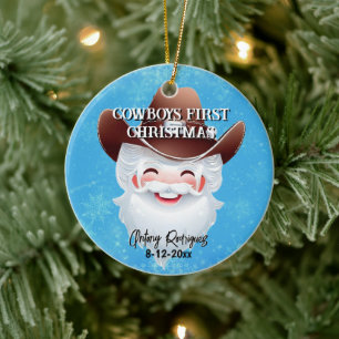 Jolly Santa in a Western Hat Babys 1st-jul Julgransprydnad Keramik