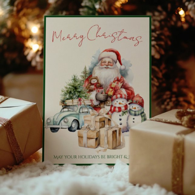 Jolly Santa julkort | Röd & Grön Kort (Classic Santa Christmas card — red & green vintage charm for joyful, timeless holiday greetings. joy)