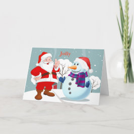 Jolly santa snögubbe på en snowbank helgkort