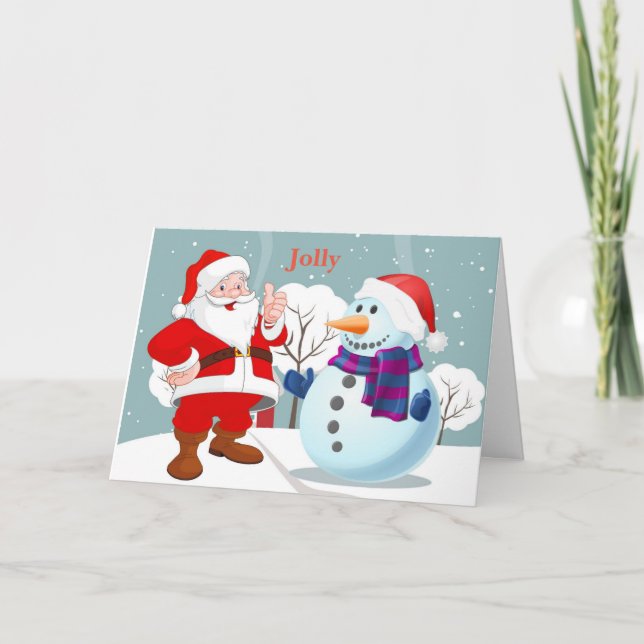 Jolly santa snögubbe på en snowbank helgkort (Framsida)