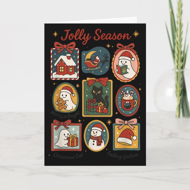 Jolly Season Ghost Cat Santa Christmas Frame Merry Kort (Framsida)