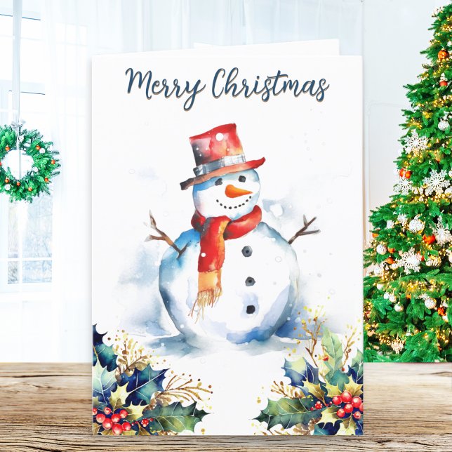 Jolly Snögubbe Winter Snö Holly God jul Helgkort (A festive Christmas card with snowman and holly picture and Merry Christmas greeting)