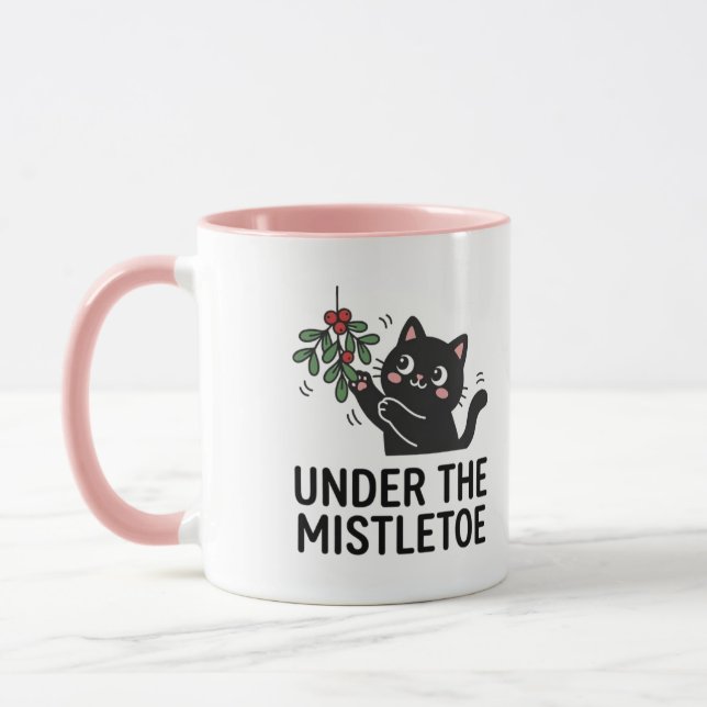 Jolly Snowfall Cute Black Cat Mistletoe Design Mugg (Vänster)