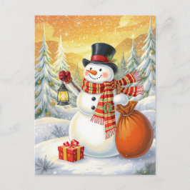 Jolly Snowman Lantern Gifts Snowy Forest Helg Vykort