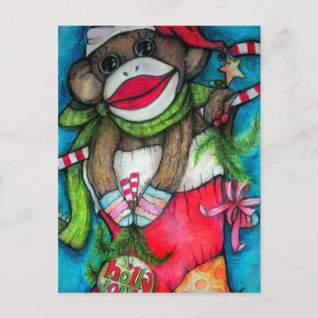 Jolly sock monkey för järnek helg vykort (Framsida)