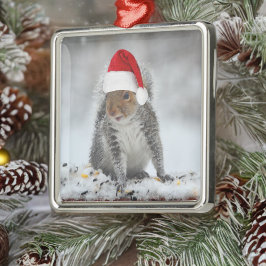Jolly Squirrel med Santa Hat Square Ornament