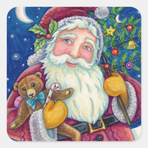 JOLLY ST NICK & TEDDYBEAR, GAMLA FASHIONED CHRISTM FYRKANTIGT KLISTERMÄRKE
