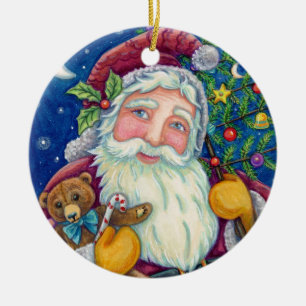 JOLLY ST NICK & TEDDYBEAR, GAMLA FASHIONED CHRISTM JULGRANSPRYDNAD KERAMIK