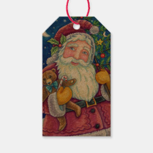 JOLLY ST NICK & TEDDYBEAR, GAMLA FASHIONED CHRISTM PRESENTETIKETT