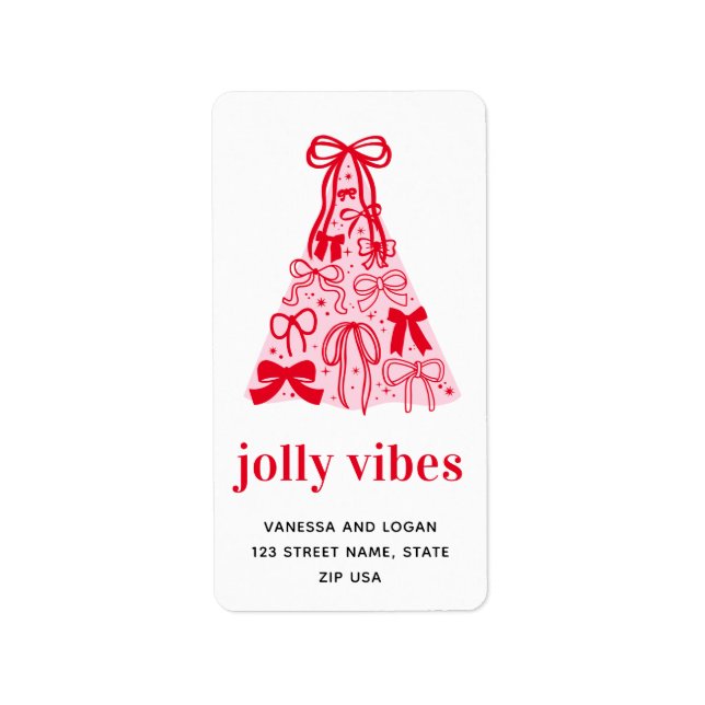 Jolly Vibes Whimsical Bow Rosa Red Helgdag Adressetikett (Framsidan)