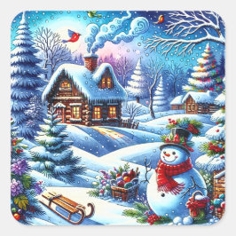 Jolly Vintage Snögubbe Fyrkantigt Klistermärke