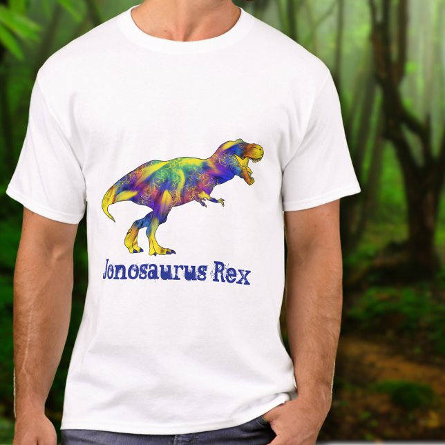 Jon osaurus Funny Running T Rex Dinosaur Art Shirt (Funny dinosaur custom name t-shirt colorful psychedelic T-Rex )