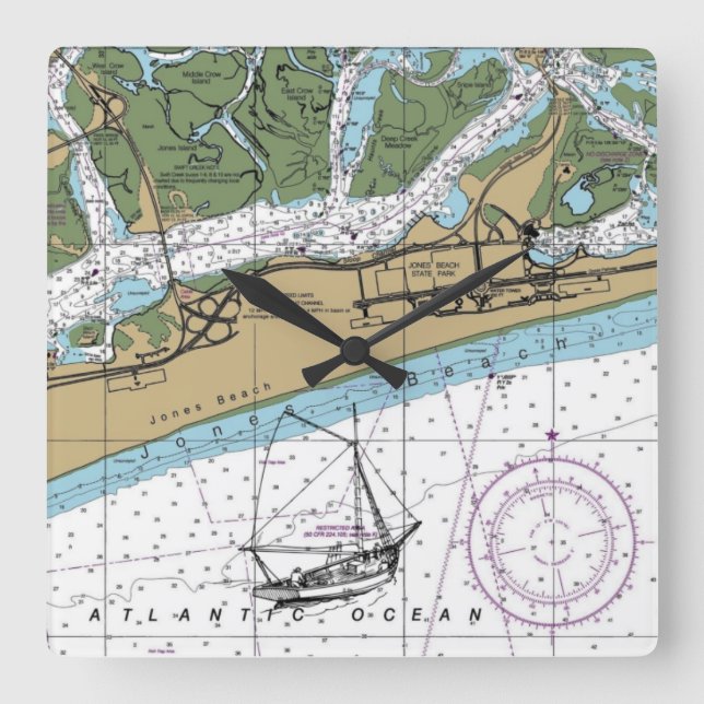 Jones Beach Island NY Chart Fyrkantig Klocka (Framsida)
