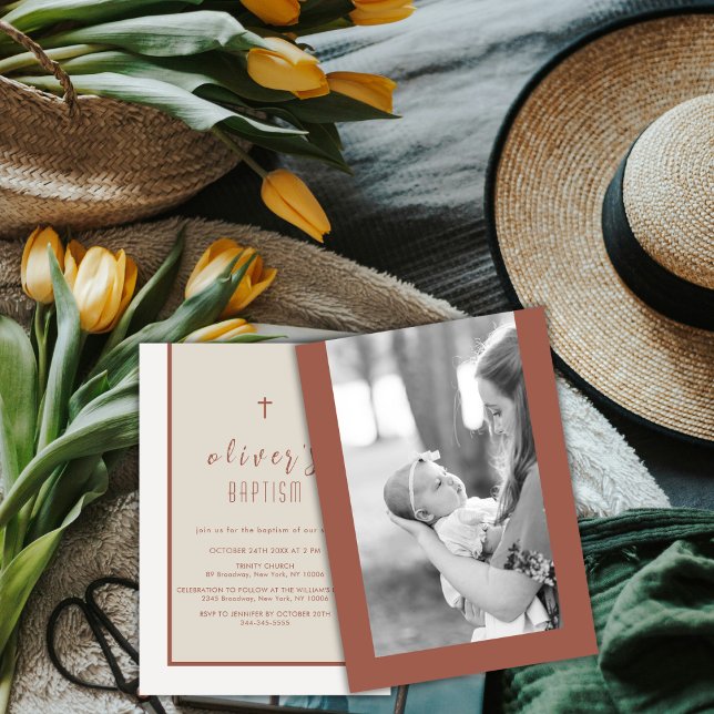 Jord - Modern Kor Christening Photo Baptism Inbjudningar (Earth Tone Modern Cross Christening Photo Baptism Invitation)