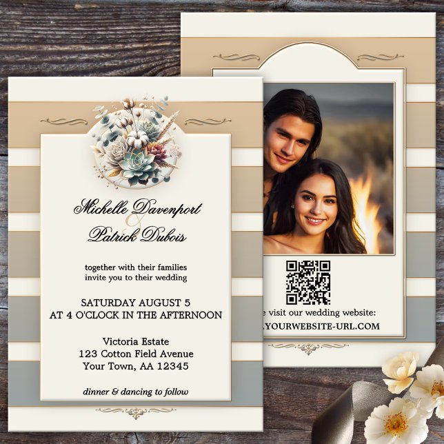 Jord - Stripe - Blommigt Photo Bröllop Inbjudningar (Modern photo wedding invitation featuring an elegant striped design in pastel earth tones + QR code)