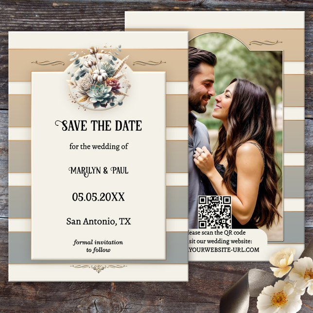 Jord - tonerrandad Blommigt Foto Spara datum Spara Datumet (Wedding Photo Save the Date card featuring an elegant striped design in pastel earth tones)