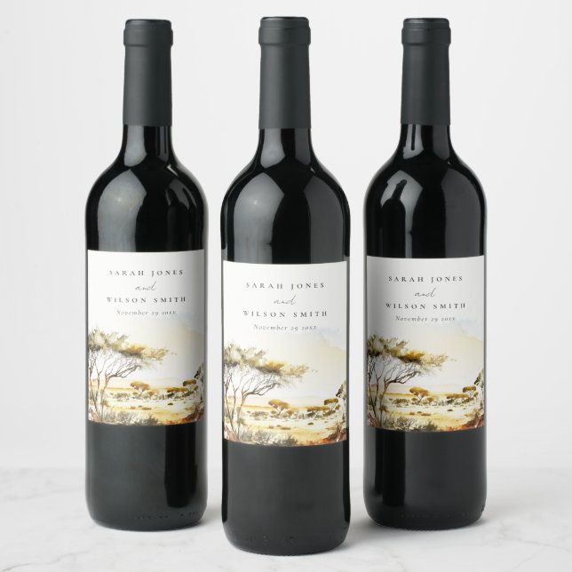 Jordad våt vattenfärgsafrikanskt liggande Bröllop Vinflaska Etikett (Flaskor)