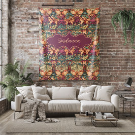 Jordanna Orange och Burgundy Blommigt Art nouveau Fleecefilt