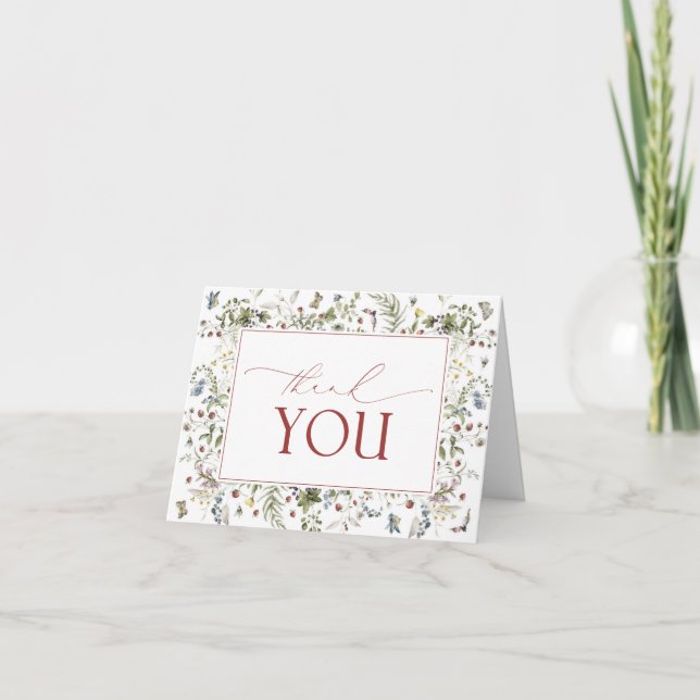 Jordbär Vilda Blommor Akvarell Script Tack Kort (Framsida)