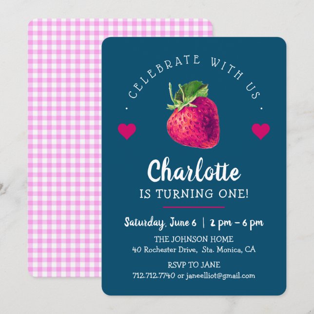 Jordbärshjärta Födelsedagsflicka Blågrön Tack Kort (Fram/baksida)