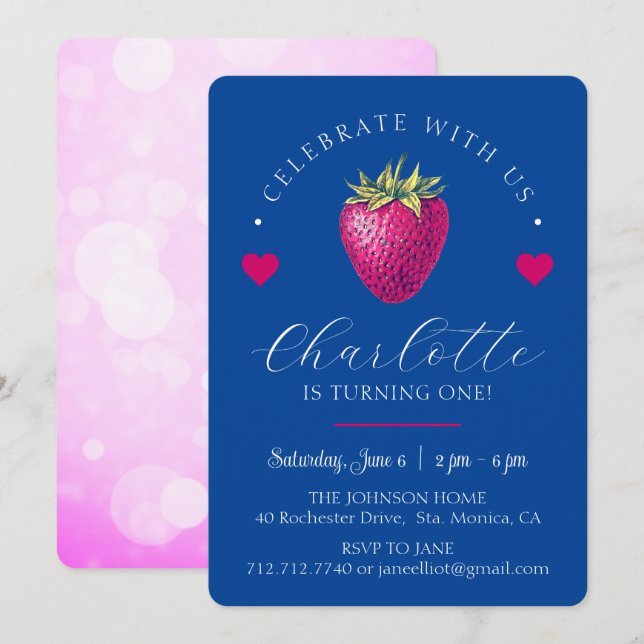 Jordbärshjärta födelsedagsflicka mörkblå tack kort (Fram/baksida)