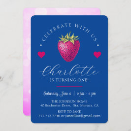 Jordbärshjärta födelsedagsflicka mörkblå tack kort