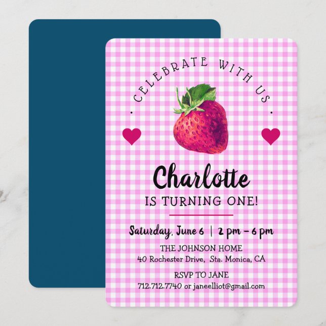 Jordbärshjärta födelsedagsflicka rosa rutig tack kort (Fram/baksida)