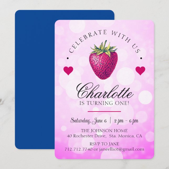 Jordbärshjärta födelsedagsflicka rosa tack kort (Fram/baksida)