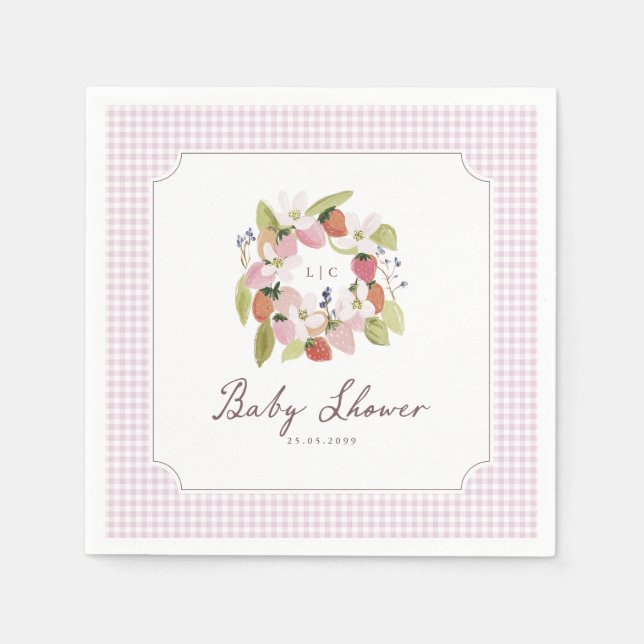 Jordbärsmonogram Rosa Rutigt Bebis Kalas Pappersservett (Framsidan)