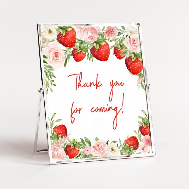 Jordbergens babyskare Tack för att du kom Poster (Pink Floral Strawberry Baby Shower Thank you for Coming Sign)