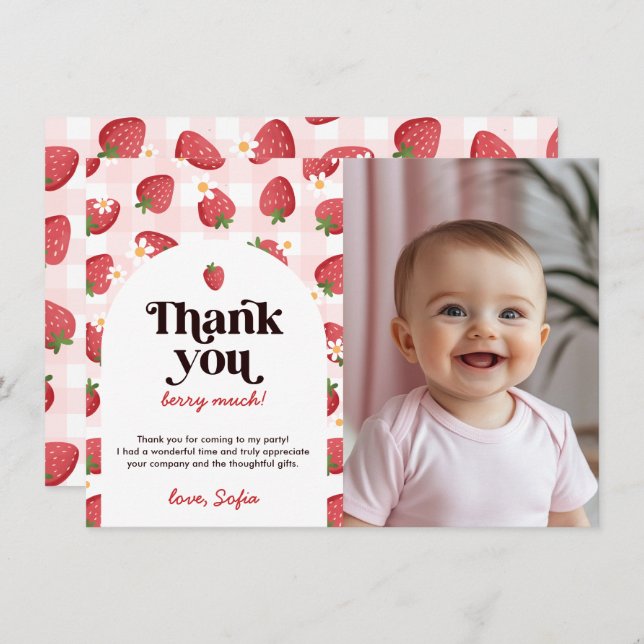 Jordberry Berry 1:a födelsedag - tack ditt kort (Fram/baksida)