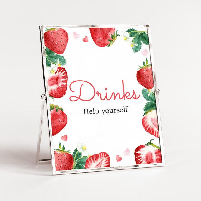 Jordberry Berry Sweet Baby Shower Drinks Poster (A Berry Sweet Strawberry Baby Shower Drinks Sign)